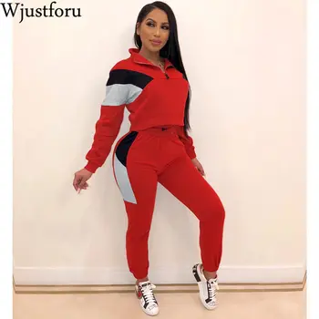 

Wjustforu Women Colorful Patchwork Zipper Up Jackets Pencil Pants Suits Sporty Two Piece Tracksuit Outfit Winter Autumn Casual