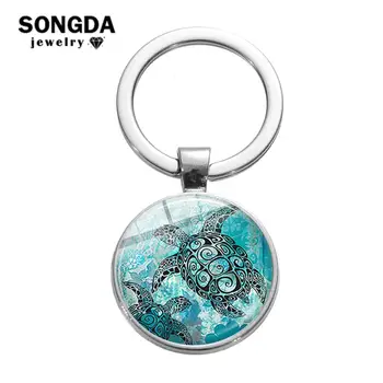 

SONGDA 2019 New Arrival Sea Turtle Keychain Blue Ocean Starfish Dolphin Seahorse Keyring Handmade Photo Glass Cabochon Key Chain
