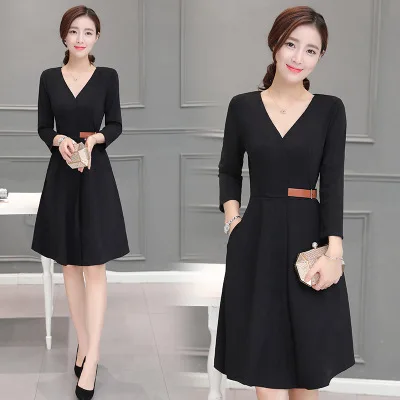 

2017 Autumn Clothing New Style Korean-style High-waisted Black Dress Three-quarter-length Sleeve Slimming Dress Women's Fashion