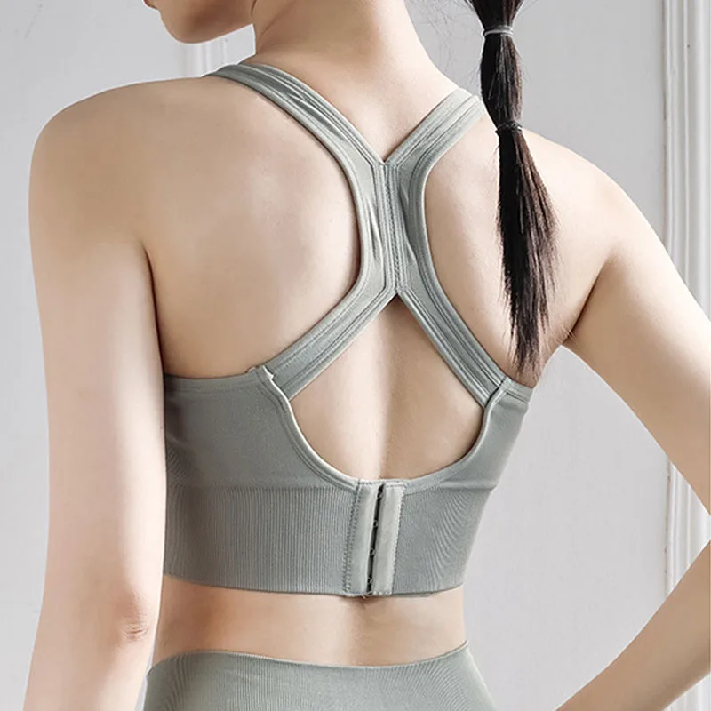 Adjustable Back Buckle Women Sports Bra Sexy V Collar Running Yoga Bra High Strength Shockproof Gym Fitness Bra