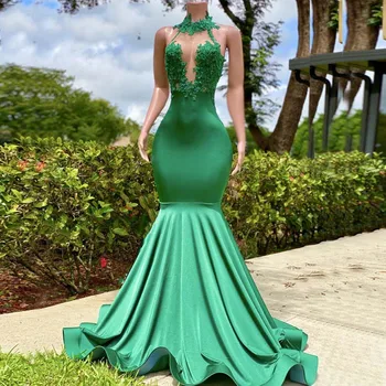 

Green African Evening Dress Halter Appliques Lace Sexy Backless Arabic Formal Mermaid Prom Party Dress vestidos de noiva