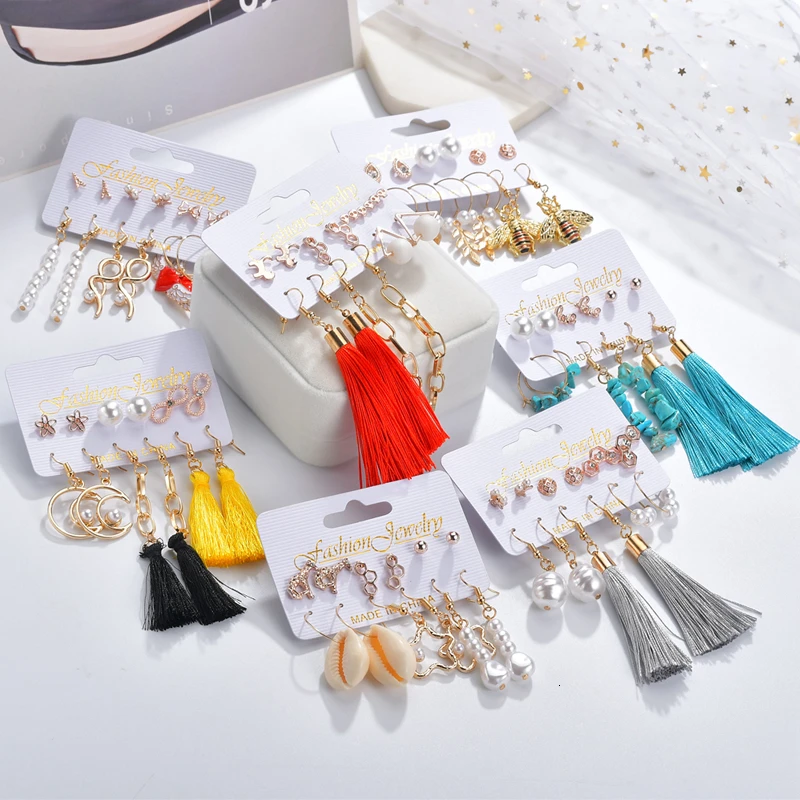 

Bohemian Tassel Imitation Pear Shell Long Drop Earrings Set For Women Red yellow Blue Silk Fabric Natural stone Earrings Jewelry
