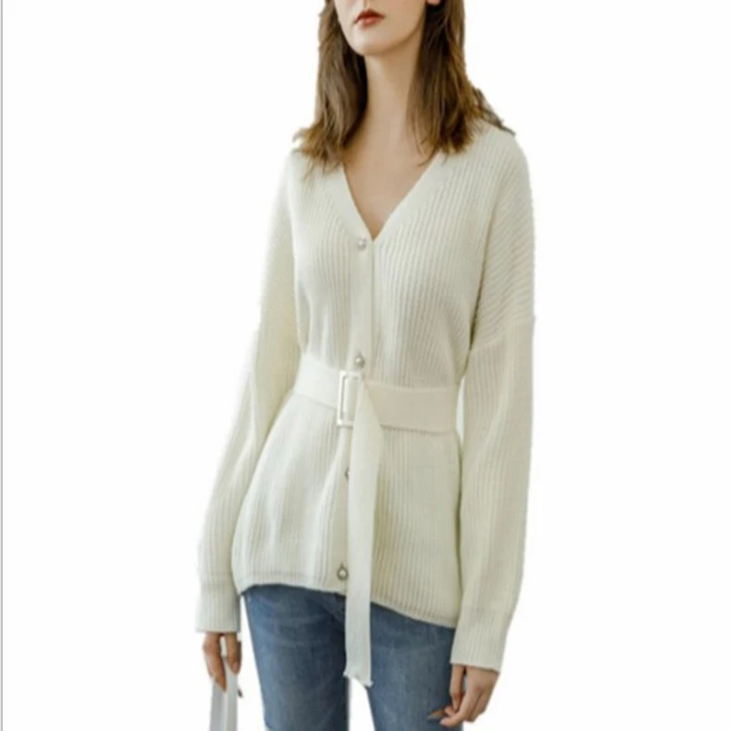 

Fashion Slim Cardigan Sweater 2019 Fall Winter Women V-neck lacing pure Color Loose Sweater Jacket