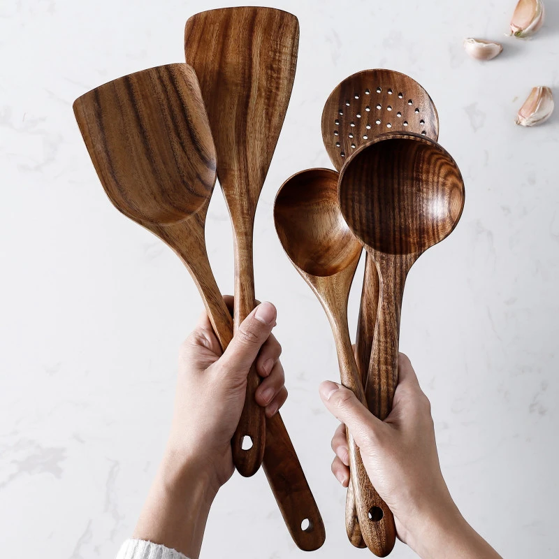 Natural Wood Spoon Ladle Turner Long Rice Colander Soup Skimmer Set - Image 4