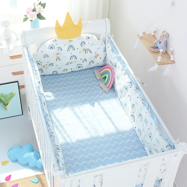 5Pcs Set Nordic INS Baby Crib Bumpers Pad Fence Cotton Crown Cushion  Cartoon Printted Sheets Kids