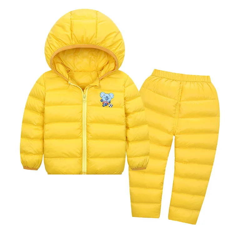 Зимний комплект одежды для маленьких мальчиков, повседневная куртка-пуховик с рисунком белого утиного пуха, комплект с черными пуховыми штанами для мальчиков,, костюм для девочек 18 мес.-4, 4 ушки - Цвет: Цвет: желтый