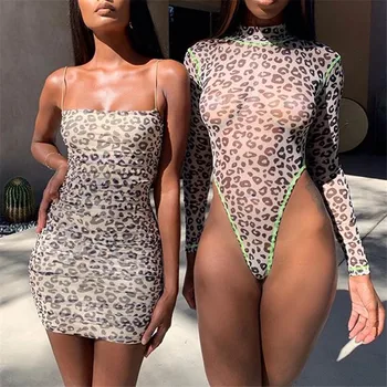 

Mesh Leopard Print See through Long Sleeve High Neck Stretch Bodysuit 2019 Autumn Trendy Women Sexy Slim Fit Bodycon Streetwear