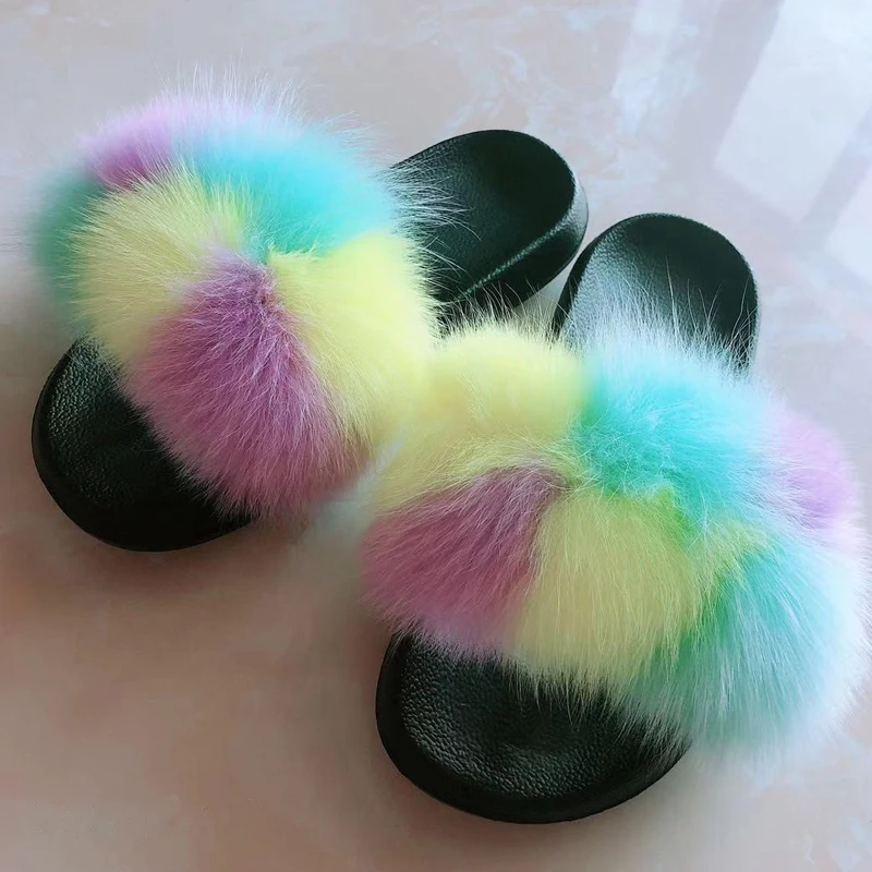 Г. Новые разноцветные тапочки с натуральным лисьим мехом повседневная обувь пушистые шлепанцы Вьетнамки Летняя женская обувь на меху