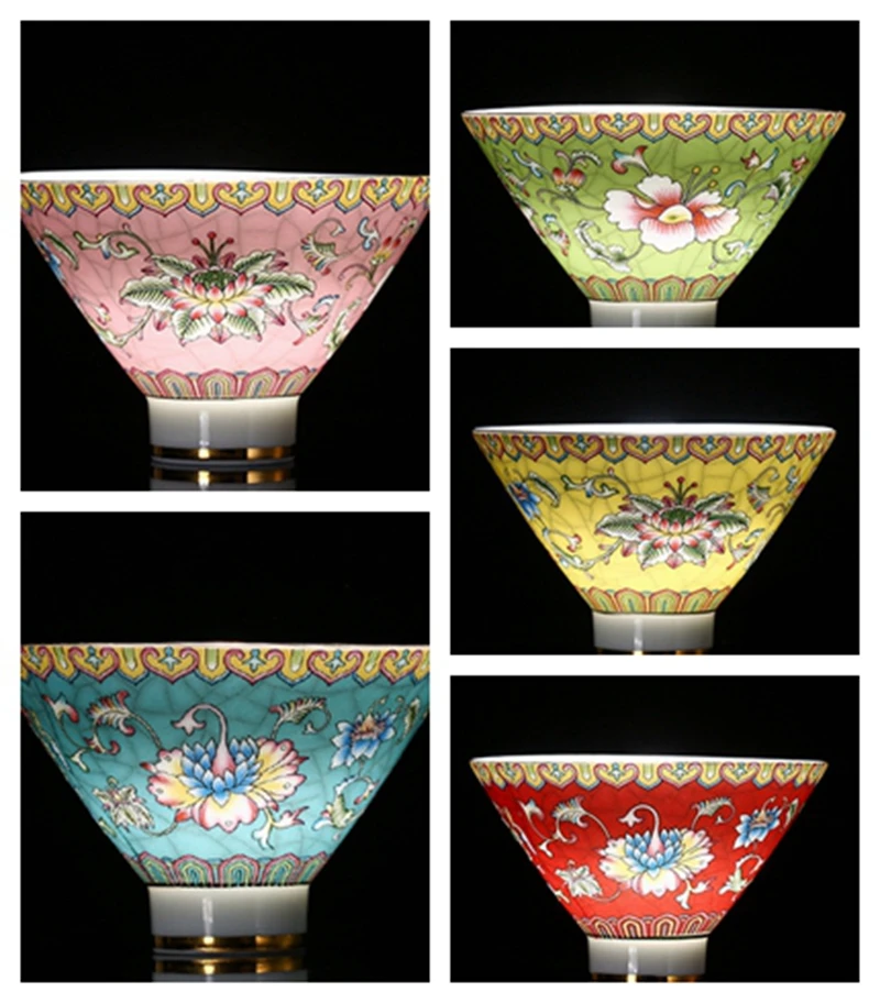 2pcs/Lot Color Enamel Ceramic Tea Cup Pink Yellow Green Blue Red Bamboo Hat Porcelain Chinese Set | Дом и сад