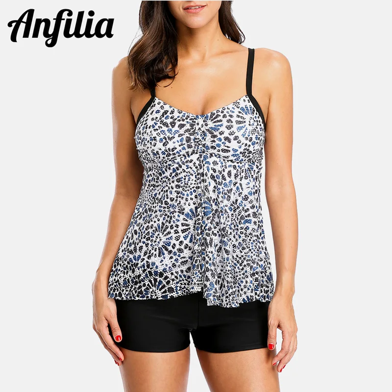 

Anfilia Women Tankini Set Ladies Swimsuits Retro Floral Print Swimwear Padded Push Up Bikini Bathing Suit Beach Wear