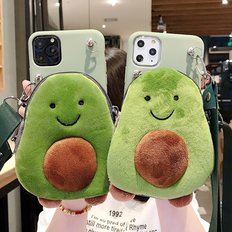 Cute Green Avocado Phone Case For iphone XR X Xs max 11 Pro Max 7 8 6 6s plus Soft TPU Neck Lanyard Wallet Mobile Bag |