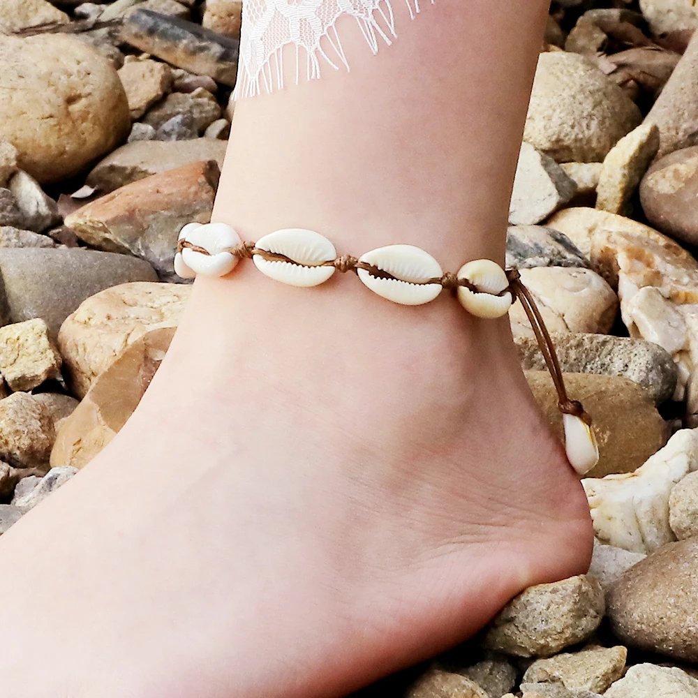 Tobilleras de concha para playa de verano, pulseras de cuero ajustables hechas a mano, cadena de pie Bohemia, sandalia, joyería con estilo, para amigos|Tobilleras| - AliExpress