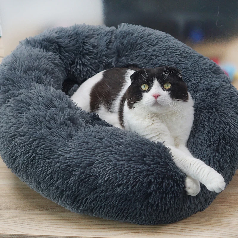 Кровать для домашних животных, собак, кошек, теплая мягкая плюшевая кровать, успокаивающее гнездо, круглый коврик для пончиков AUG889