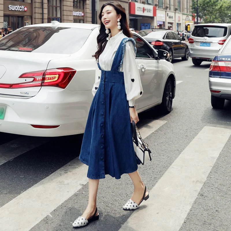 

Cowboy Suspender Strap Dress Women's 2019 Spring And Autumn New Style by Age Frilled Elastic Waist Medium-length Dress Shirt Two