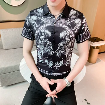 

2020 New Mens Short Sleeve Shirts European Style 3D Print Casual Slim Fit Dress Shirt Night Club Streetwear Social Blouse Camisa