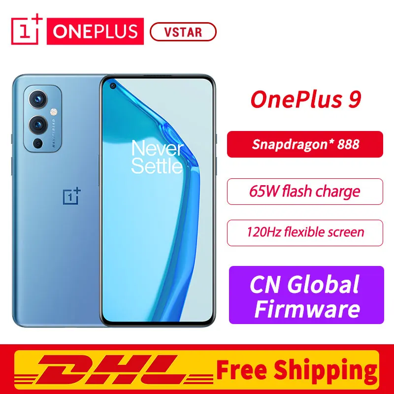 Original con DHL gratis Firmware Global Oneplus 9 5G SmartPhone 6,55 pulgadas 120Hz líquido AMOLED Snapdragon 888 Octa Core 65W de carga rápida