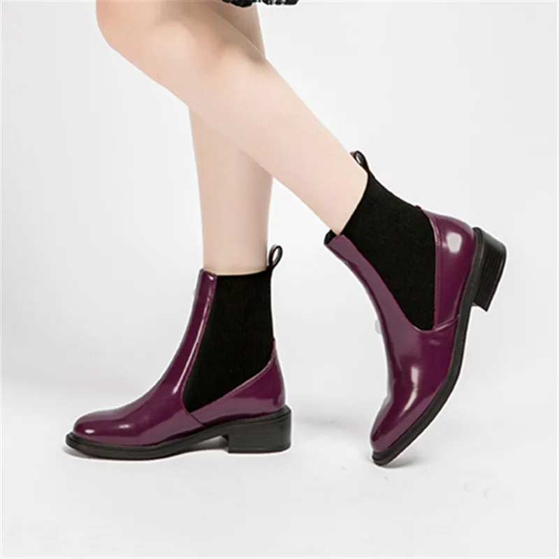 Ceny RASMEUP skórzane damskie buty Chelsea 2019 moda marka jesień zima Martin botki na co dzień panie krótkie buty czerwony