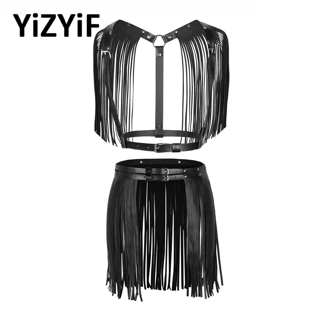 

Women's Tassel Skirt Belt and Body Chest Harness Set Gothic Sexy PU Leather Nightclub Cosplay Costume