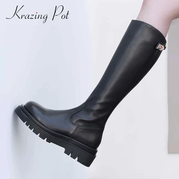 

Krazing Pot equestrian boots real cow leather buckle waterproof round toe thick med heel back zipper catwalk knee-high boots L22