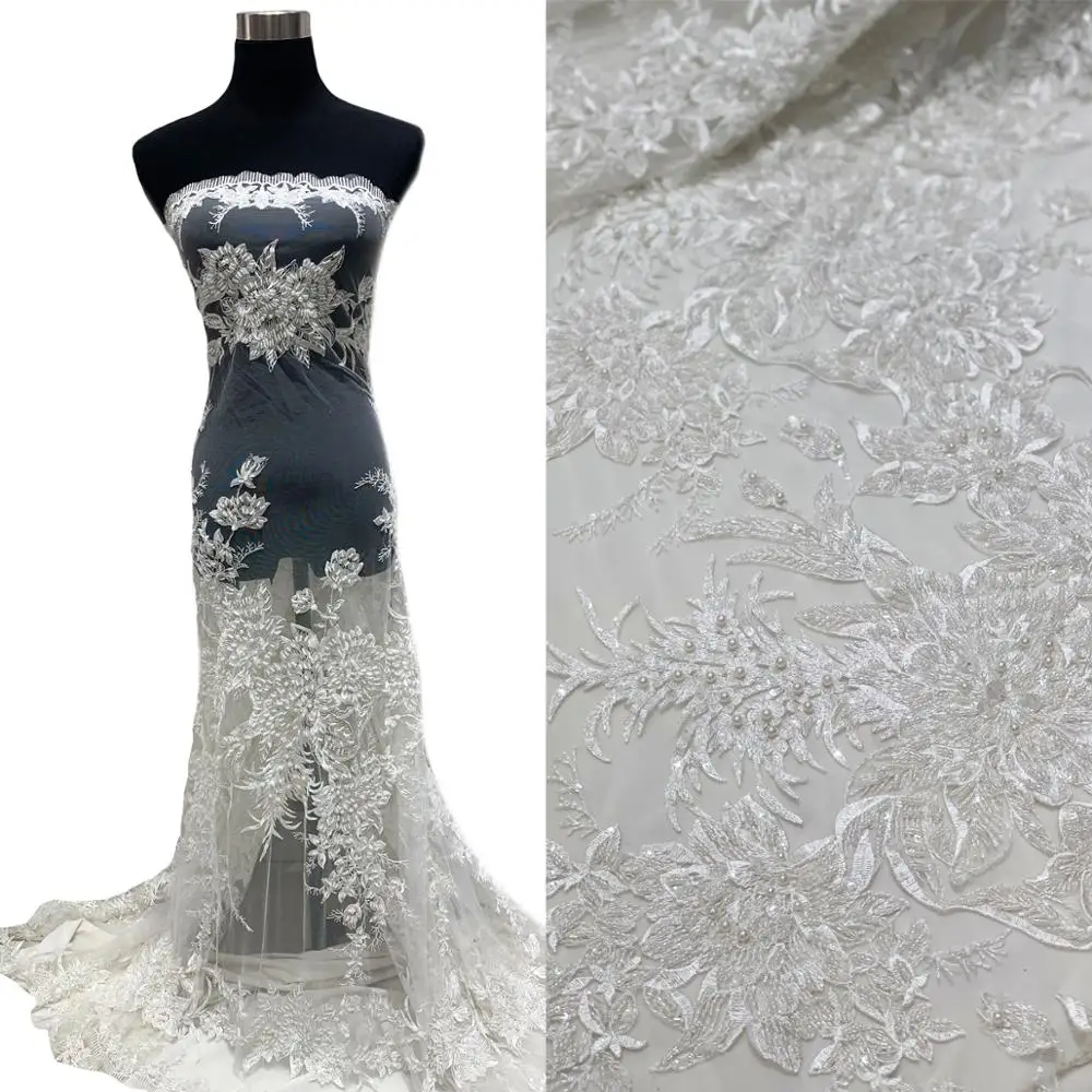 

High Quality White Beaded Evening Formal Dresses Handwork Mesh Tulle Flower Embroidered Bridal Wedding Gown Lace Fabric Textiles