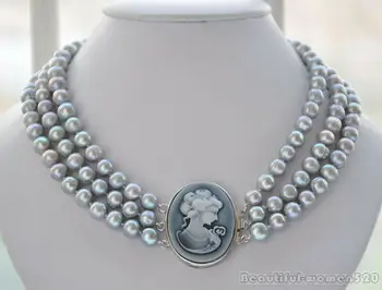 

3row 17--19" 7-8mm GRAY ROUND FRESHWATER PEARL NECKLACE