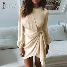 NLW בציר ארוך שרוול לעטוף שמלת נשים אלגנטי Bowknot Ruched חורף שמלת 2019 נשי סדק המפלגה מיני שמלת Ropa Mujer(China)