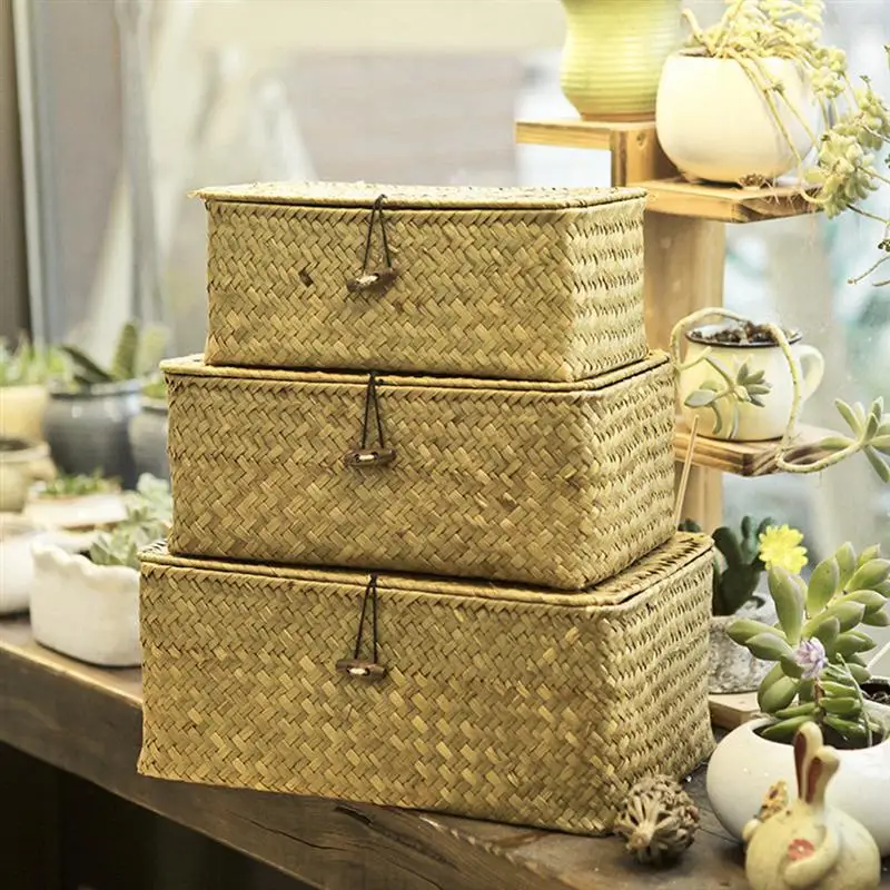 New Seaweed Woven Basket Straw Storage Hand With Lid Debris Desktop Box Handwoven S M L | Дом и сад