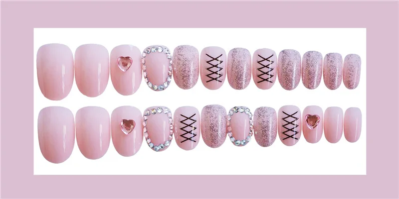 24 шт поддельные ногти розовый сердце ленты Ins искусственный Французский несколько цветов заостренные Свадебные накладные ногти самоклеющиеся наклейки