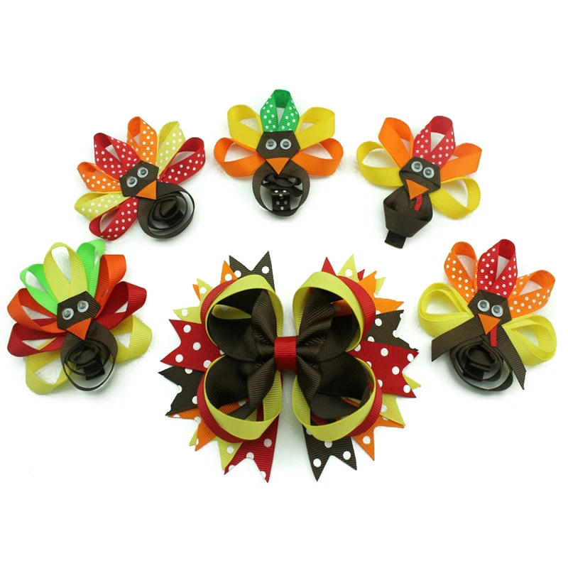 5 inch multi color handmade hair bows Thanksgiving Day cute Turkey Hair accessory hair clip for little girl ribbon bows