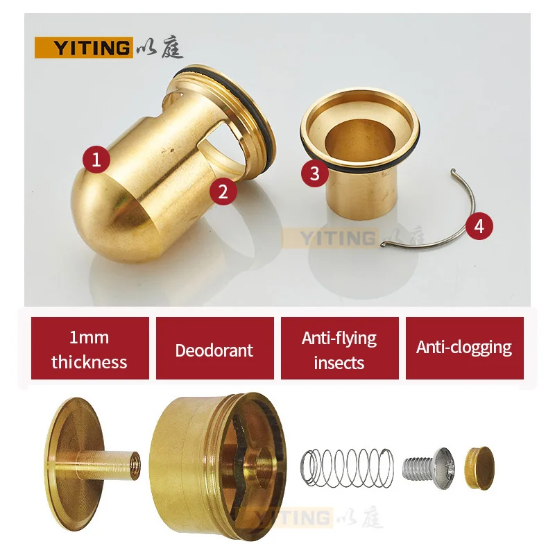 Floor Drainer Inner Core Brass Floor Drain Deodorant Valve Deep Water Seal T-type Self-sealing Odor-resistant Drain Core Bathroom Accessories 40/50 tube
