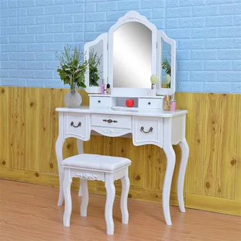 

Makeup Stool Wooden 2 Drawers Modern Tri-fold Mirror Dresser with Dressing Stool White for Bedroom Living Room
