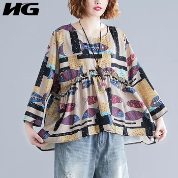 

HG Loose Plus Size Women Shirts Long Sleeve Doodle Color Irregular Loose Leisure Joker Tops 2019 New Autumn Blouse Women ZYQ1721
