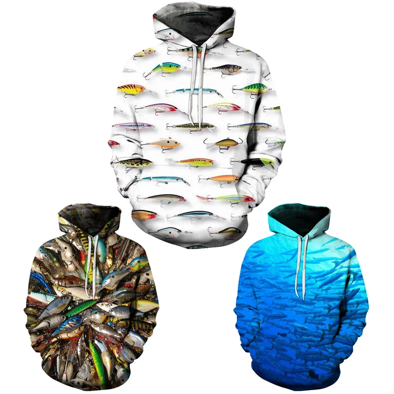 

New Trend Hoodies Many Fish Printed Pullover Sweatshirts Fashion Personality Couple Loose Baseball Clothes Men Casual Hoodies
