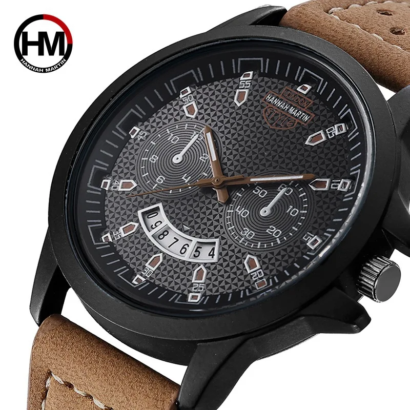

Men Sports Watch Clock New Style Dull Polish Breathable Hole Kaki Leather Belt Quartz Calendar Watch