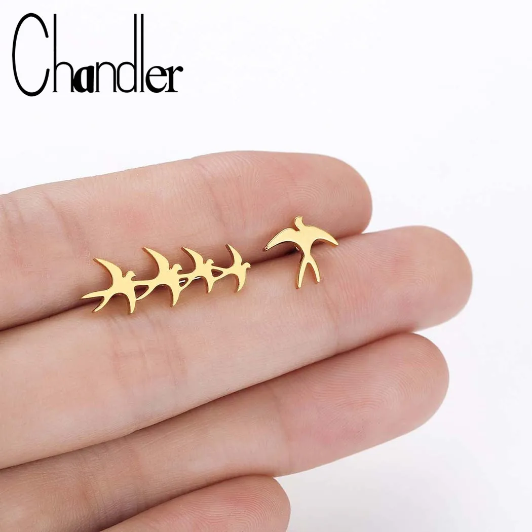 Chandler New-Fashion Asymmetry Steel Small Flock of Birds Earring Bird Ear Climber Stud Earrings Gold Color Swallow Bronics