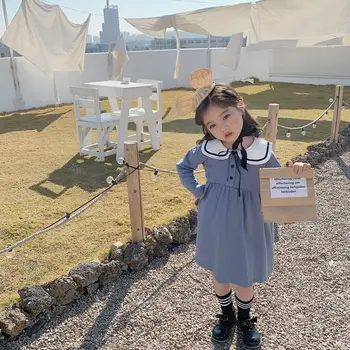 

2020 Spring New Girls Navy Collar Casual Long Sleeve Cotton Dress Toddler Baby College Wind Fashion Princess Dresses Kids Cloth