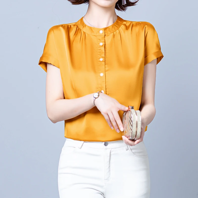 

QOERLIN M-3XL Silk Champagne Shirt Women Tops Blouse Large Size Short Sleeve Button Down Shirts Solid Elegant Workwear Blusas