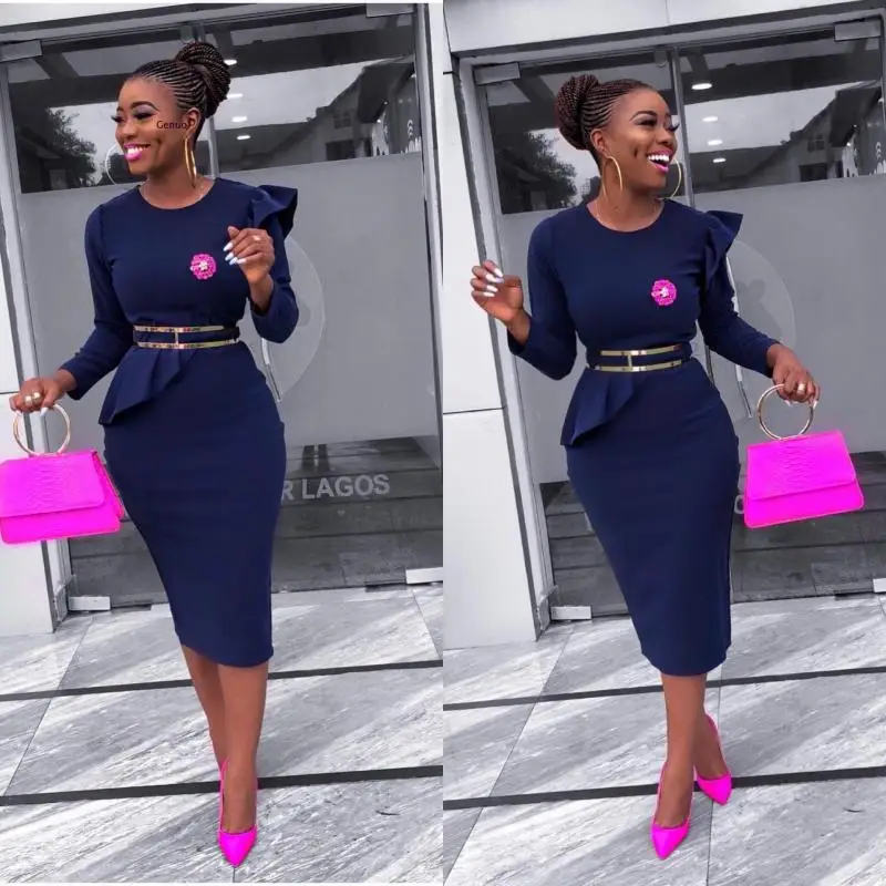 

African Style Women Casual Belted Pleated Dress Elegant Chic Office Lady A-Line High Waist Dress 2019 Autumn Winter Fashion