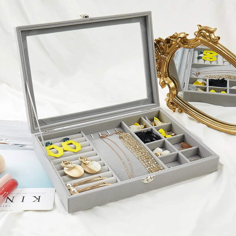 Velvet Gray Carrying Case with Glass Cover Jewelry Ring Display Box Tray Holder Storage Box Organizer Earrings Ring Bracelet
