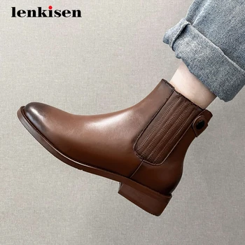 

Lenkisen new arrival short boots genuine leather vintage classics round toe thick med heel slip on office lady ankle boots L83