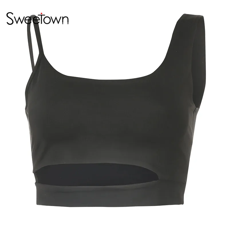 Sweetown сексуальный женский короткий топ без рукавов с вырезами, лето, одежда для фитнеса и активного отдыха, обтягивающие вечерние топы на бретелях, уличная одежда - Цвет: black