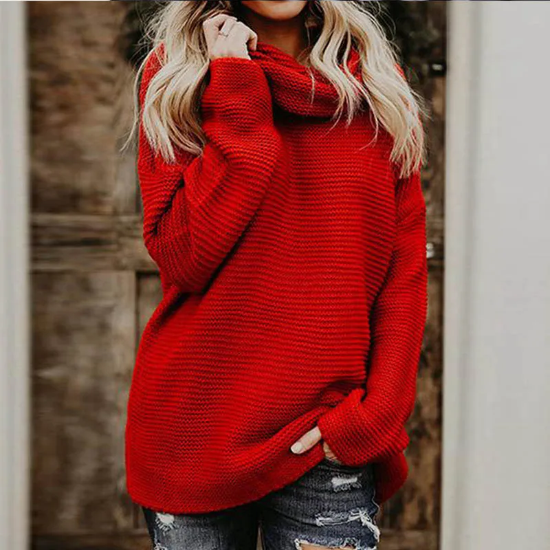 Women Sweater Solid High Collar Irregular Hem Long Sleeve Pullover Loose Daily Sweater Autumn Winter Women Sweater Top DZA003 - Цвет: K