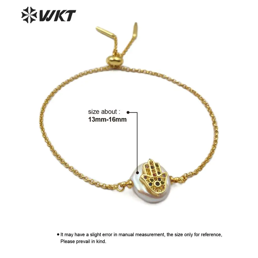 WT-MB111 WKT натуральный жемчуг и CZ Pave Evil Eye и Хамса рука форма золотой браслет Женская мода Шарм браслет ювелирные изделия
