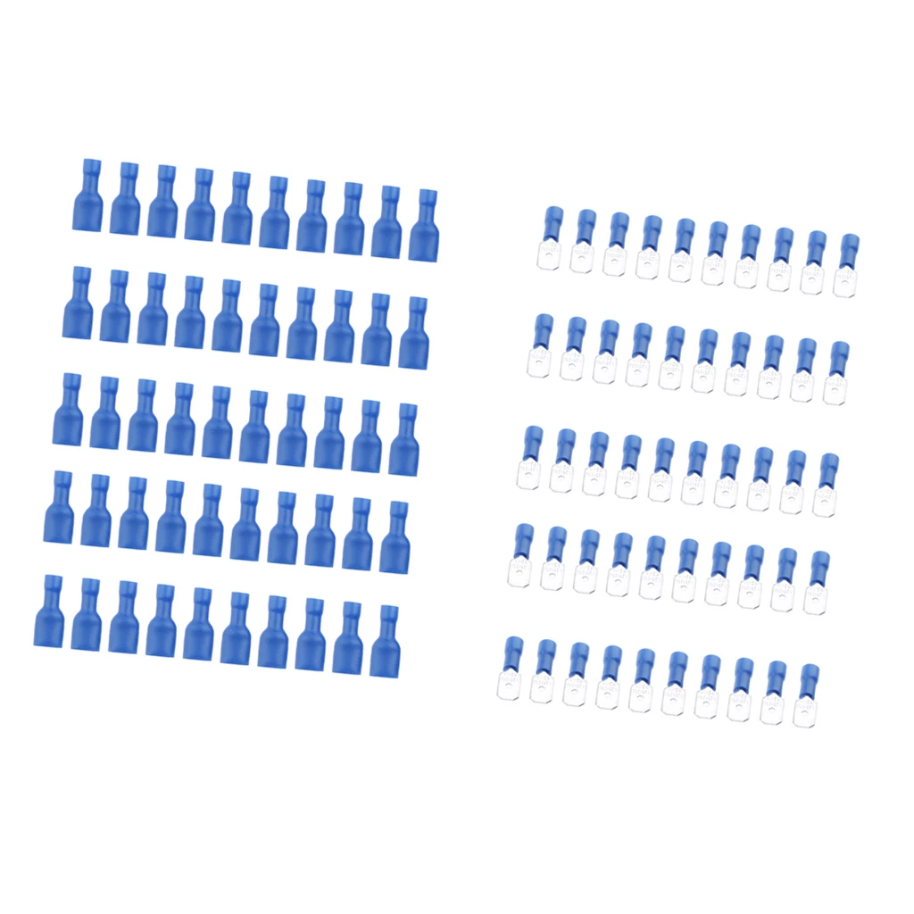 100 Pieces Male Female Insulated Wire Spade Terminal Crimp Connector Blue
