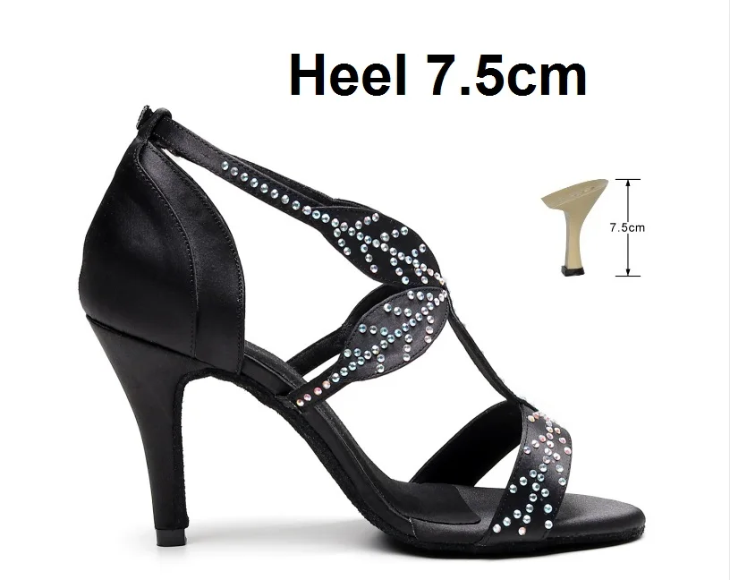 Black 7.5cm Женские туфли для Бальных и латиноамериканских танцев со стразами; черные танцевальные туфли для сальсы и Танго; обувь для выпускного вечера; Каблук 6/7, 5/8, 5 см; VA30 - Цвет: Black 7.5cm