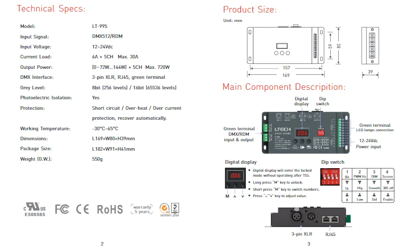 5CH DMX-PWM декодер; RGB+ CCT декодер 5 каналов DMX DecoderDC12-24V вход; 6A* 5CH XLR-3/RJ45 зеленый порт терминала