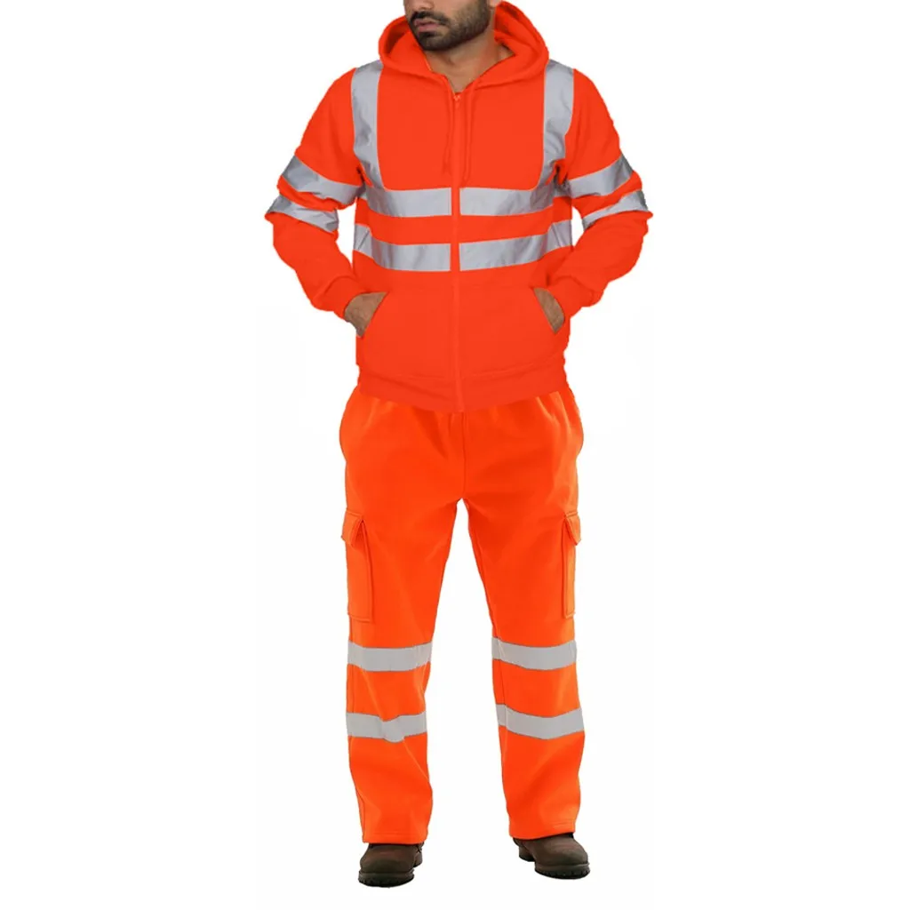 Men's Road Work High Visibility Pullo Sweatshirt Pants Sets Hooded Sweatshirt Sportswear Suits Workout Set Tracksuit Plus Size
