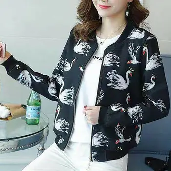 

2019 Autumn Women Jacket Swan Print Girls Casual Black Baseball Sweatshirt Zipper Thin Bomber Long Sleeves Coat Ladies Jackets