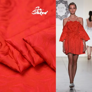 

100cm*150m Red Rose Floral Fabric Quality Heavy Jacquard Silk Cotton Sateen Fabric For Wedding