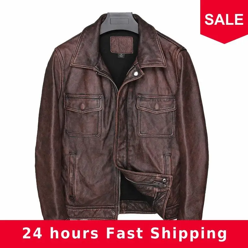 

2020 Vintage Brown Men American Casual Style Leather Jacket Plus Size XXXXL Genuine Cowhide Autumn Natural Leather Coat